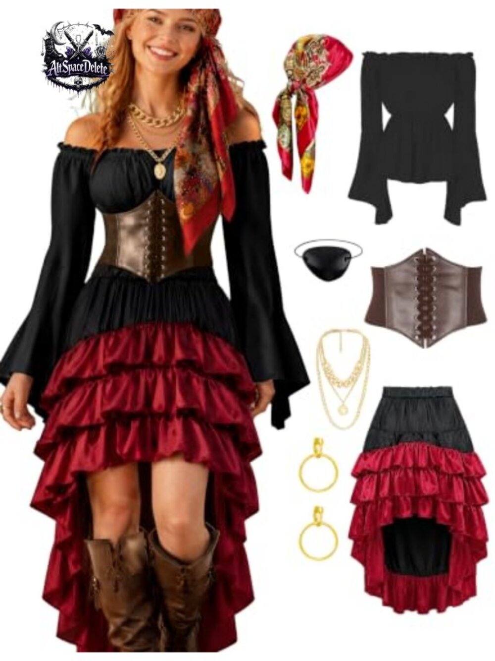 Women's Pirate Costume Faux Leather Corset Satin Skirt Renaissance Halloween